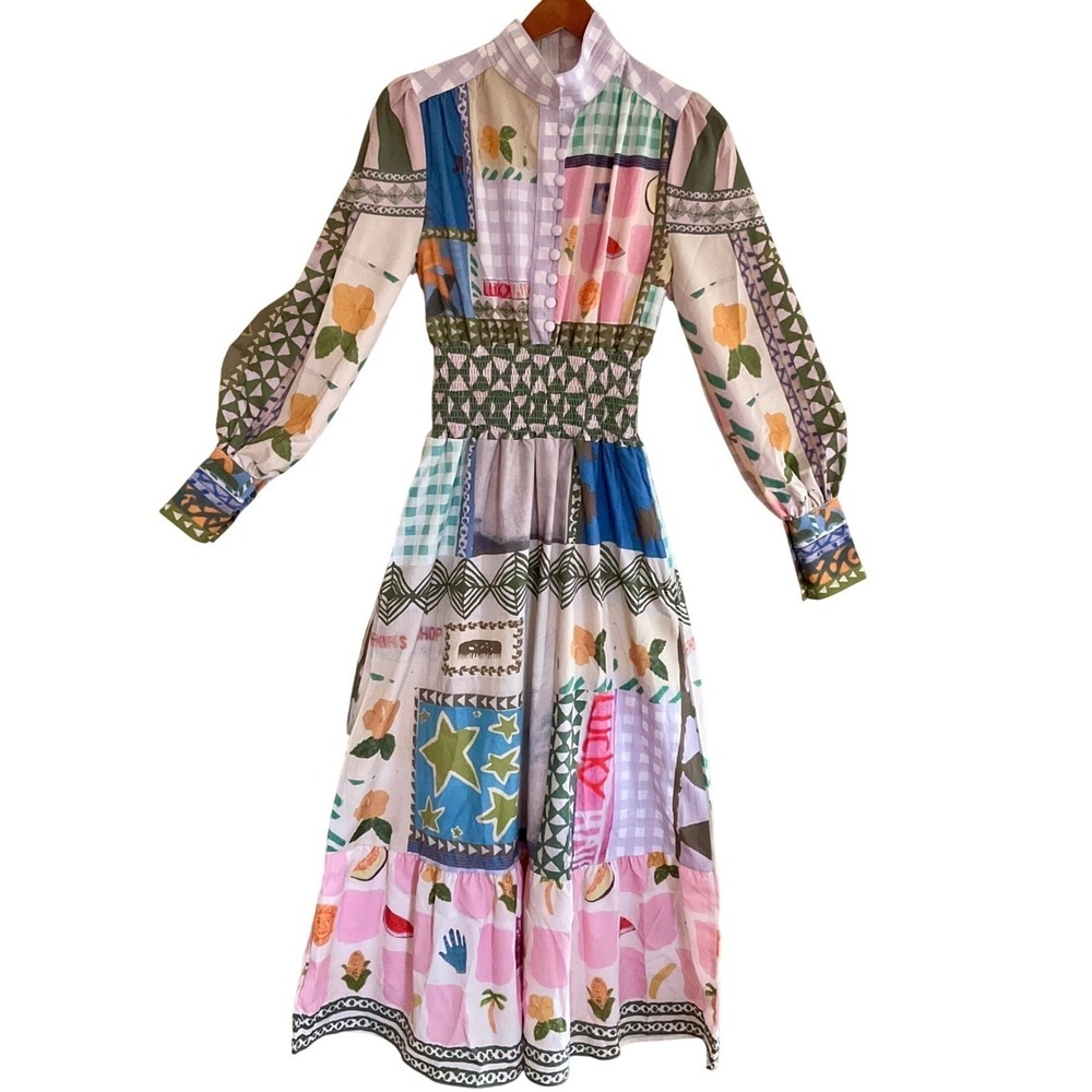 Patchwork Print Smocked Waist Maxi Dress Long Slv Mock Neck Maximalist XXXL NWOT